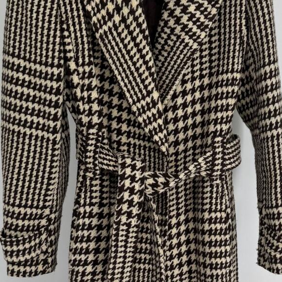 J Crew Vintage Wool Blend Brown Cream Houndstooth Plaid Trench Coat - Picture 7 of 9